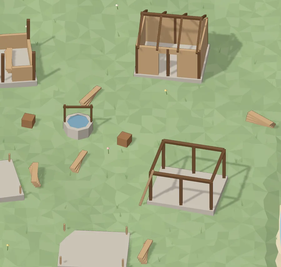 A half-built village with house frames, a stone well and piles of planks.